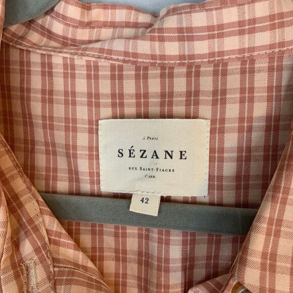 Sezane Jamy Linen Check Shirt Dress Faux Wrap Women 42 Pink Plaid Long Sleeve - Picture 5 of 16